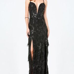 Bebe x Naven Black Sequin Feather Plunge Gown Sz 00 NWT